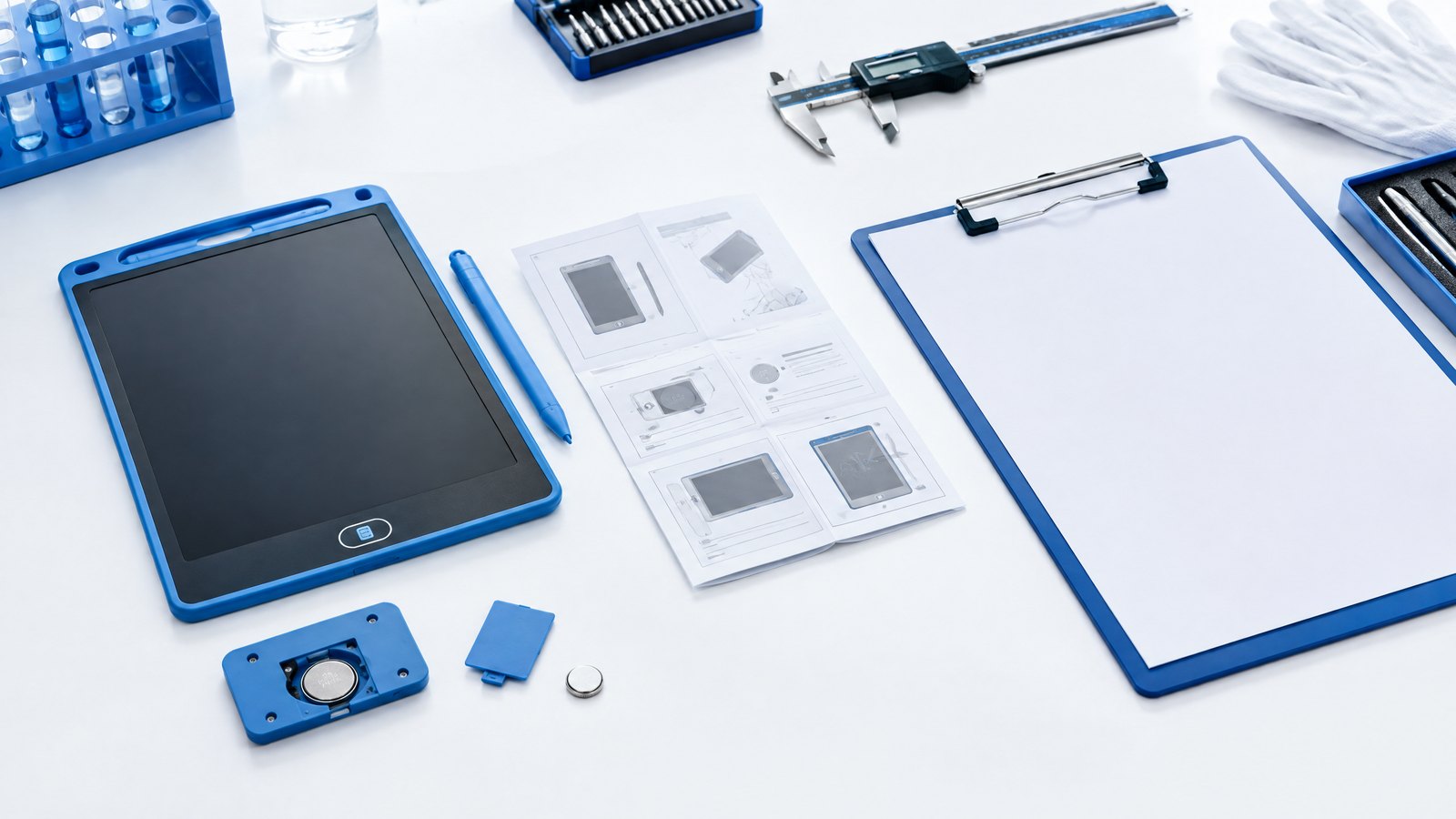 LCD writing tablet battery-compartment and quality-review tools on a compliance inspection bench.