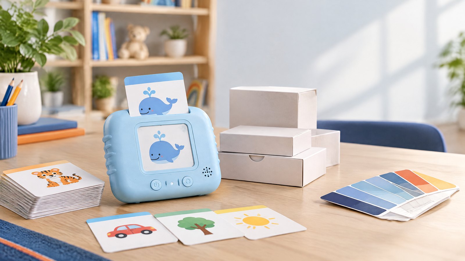 Talking flashcard learning device, sample cards, packaging prototypes, and color swatches.
