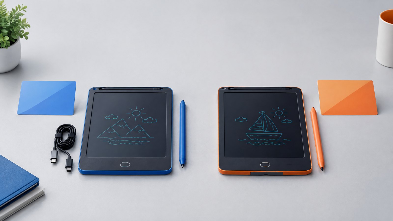 Rechargeable and coin-cell LCD writing tablets arranged for a B2B comparison.