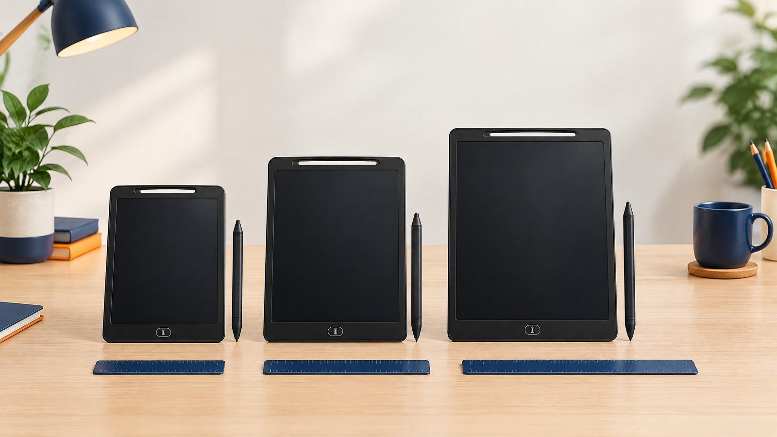 Three differently sized LCD writing tablets with stylus pens in a size comparison.