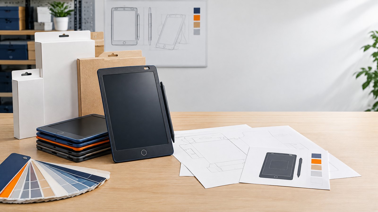 LCD writing tablets, packaging prototypes, dielines and color swatches for an OEM branding review.