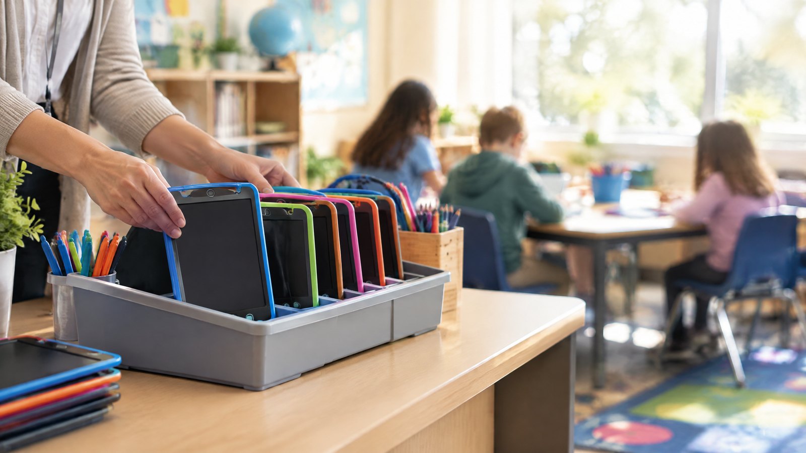 Teacher organizing LCD writing tablets in a classroom storage tray.