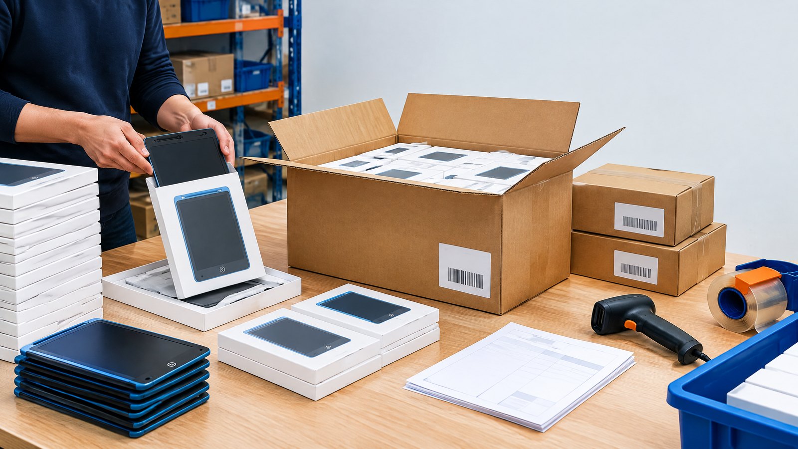 LCD writing tablets being packed into retail boxes and master cartons at a fulfillment-preparation desk.