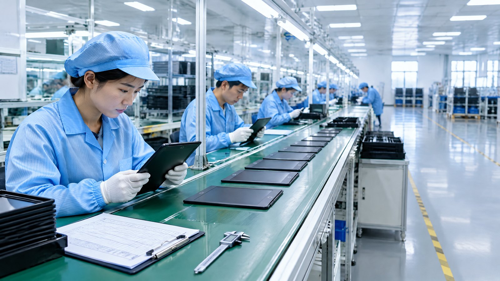 Technicians inspecting generic LCD writing tablets on an electronics quality-control line.