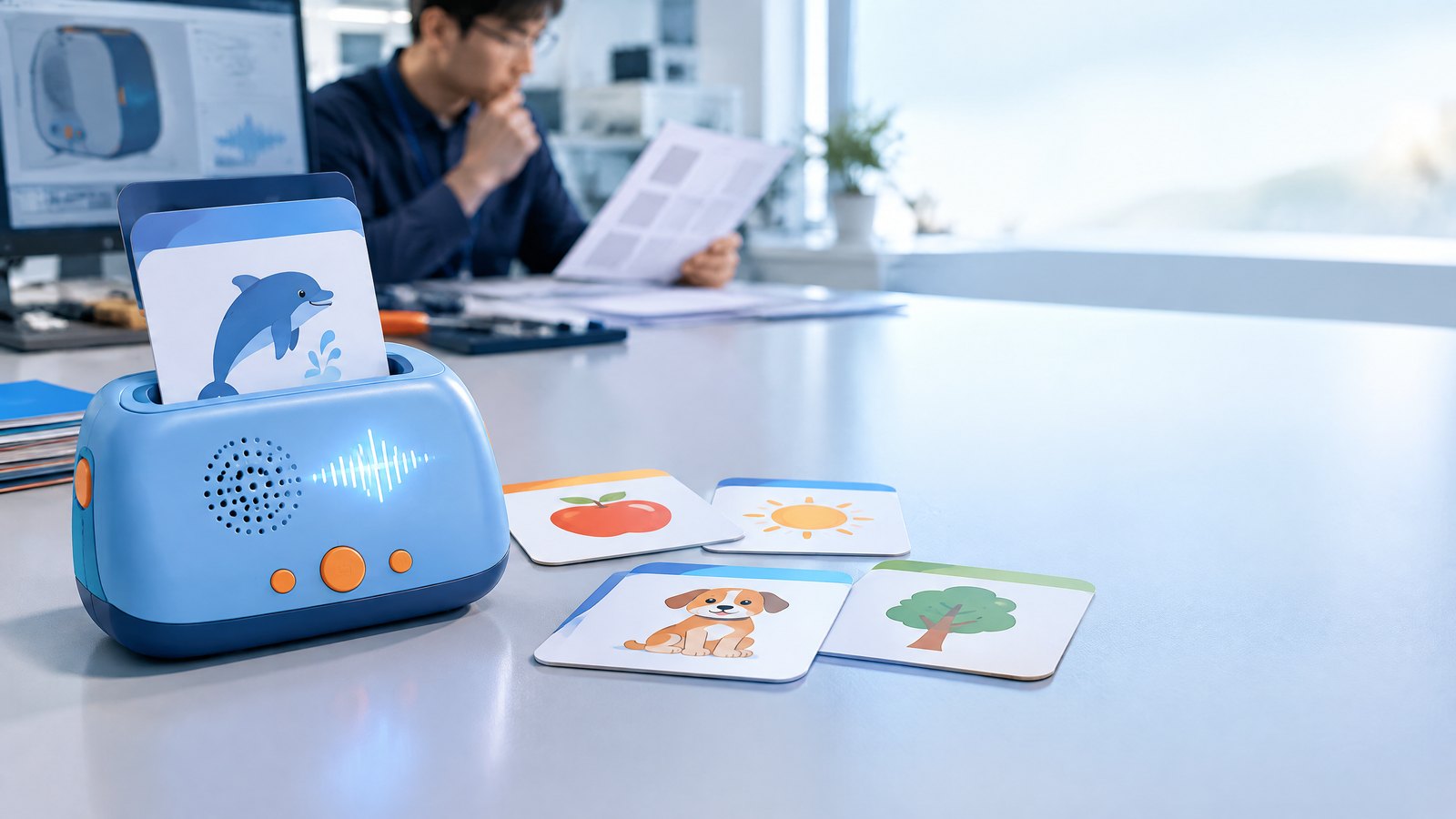 Talking flashcard device with illustrative cards and an engineering review in the background.