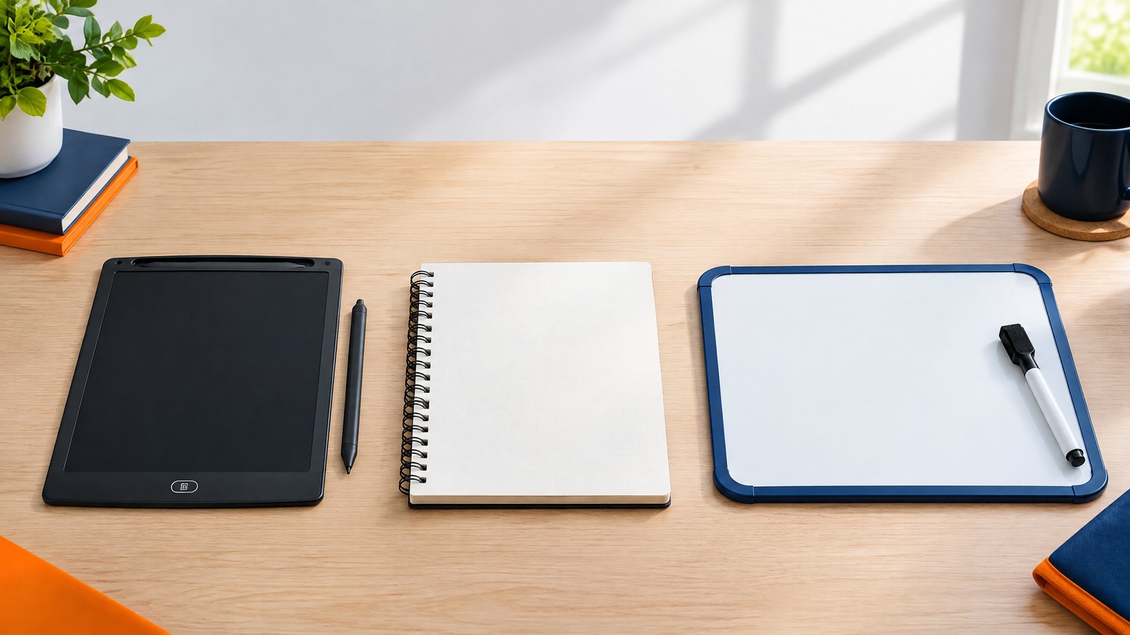 LCD writing tablet, blank paper notebook and dry-erase board arranged for a comparison.