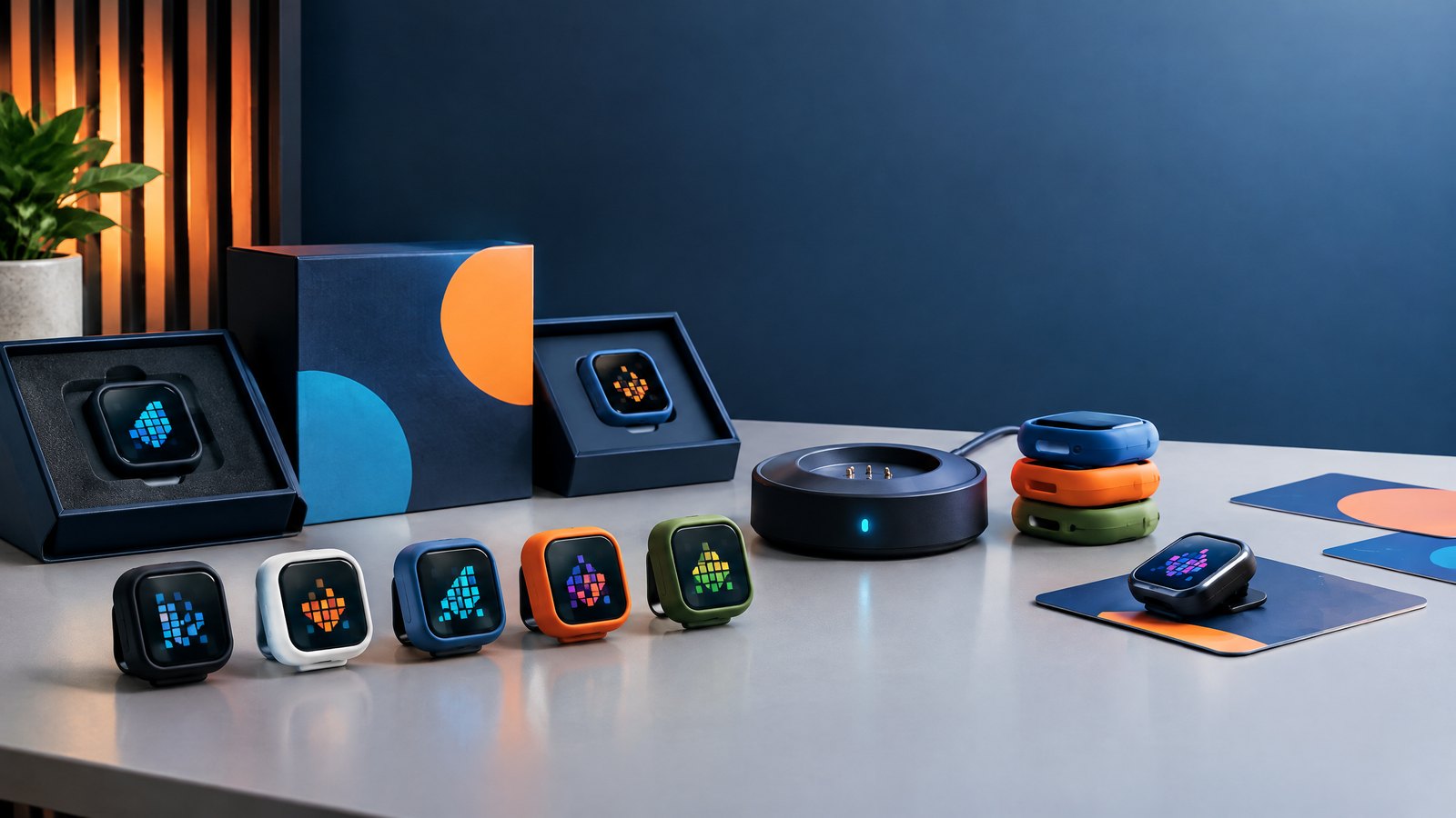 Unbranded electronic badges, charging dock and packaging samples on a smart-hardware design desk.