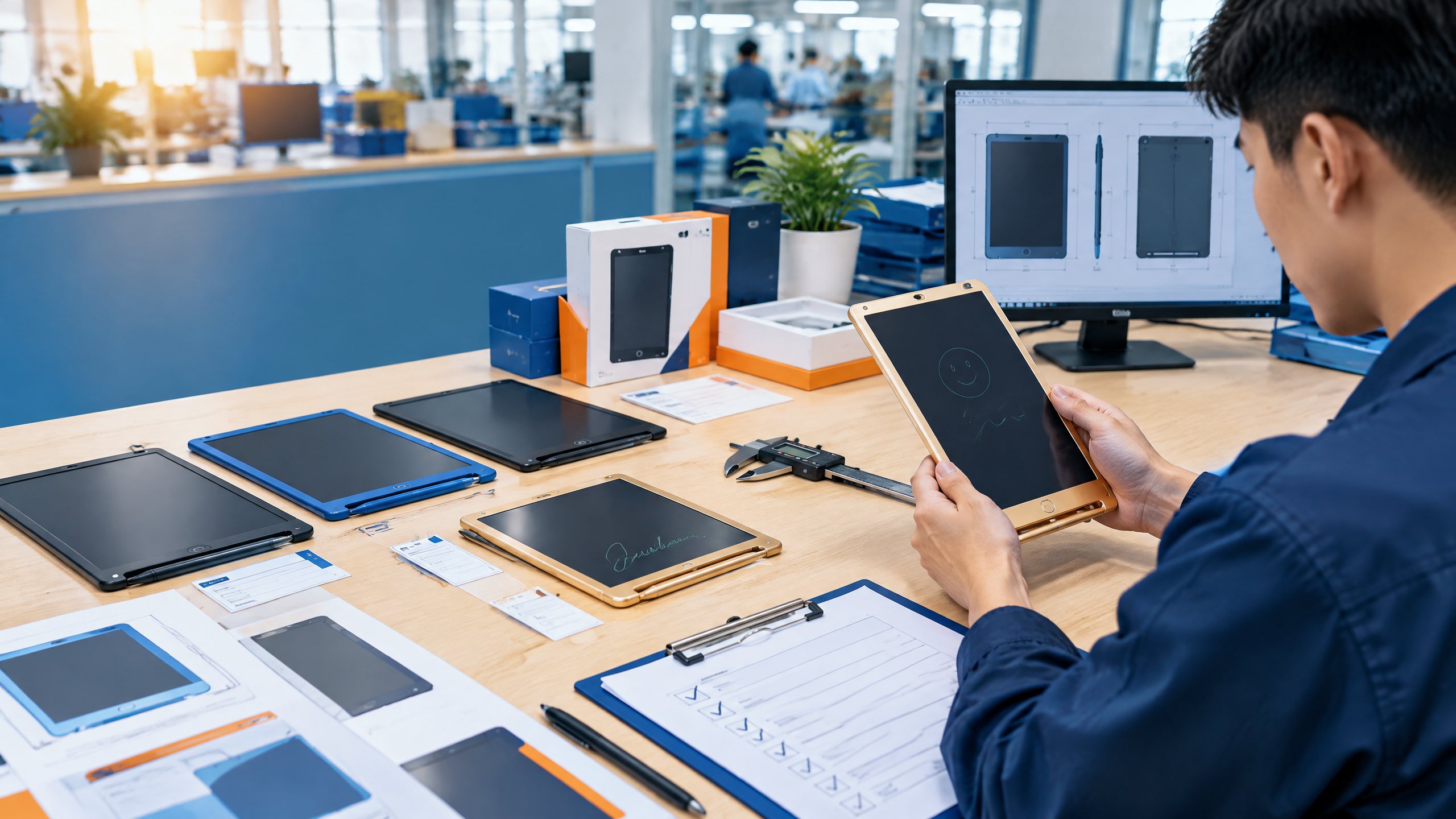 LCD writing tablet engineering samples, golden sample approval documents and packaging prototypes on a B2B factory desk.