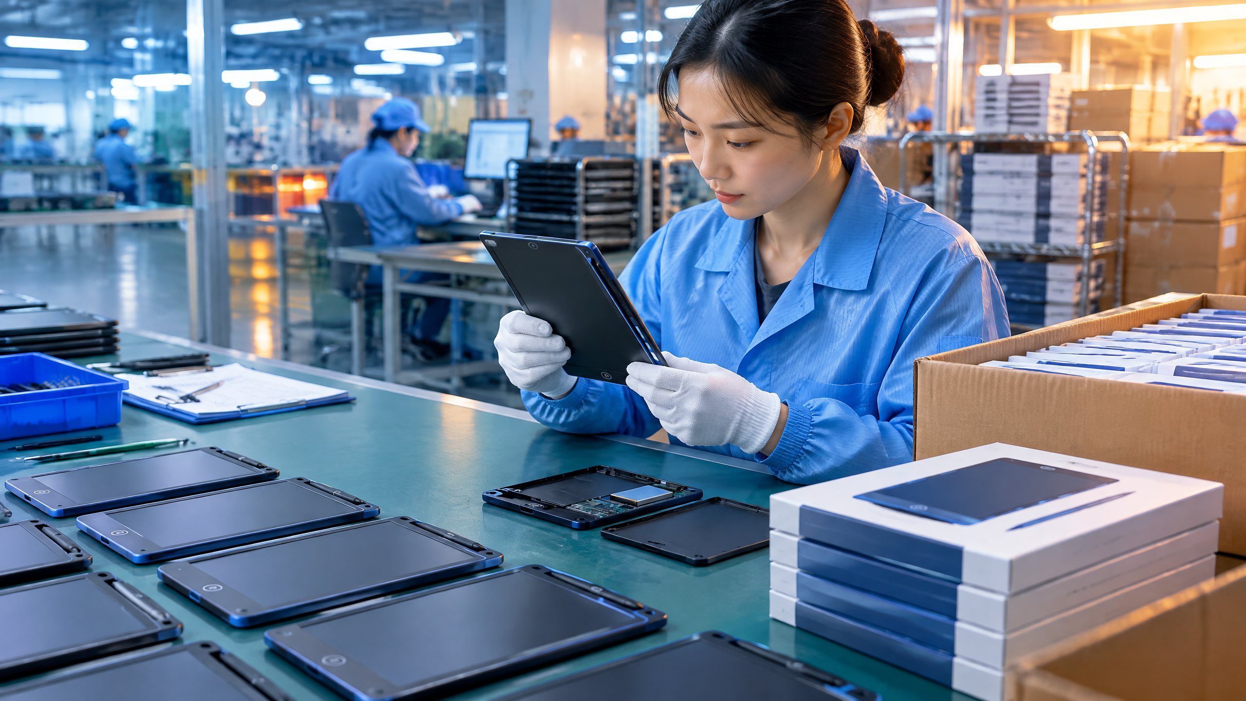Quality inspector checking LCD writing tablets, stylus retention, battery compartments and cartons on a factory QC bench.