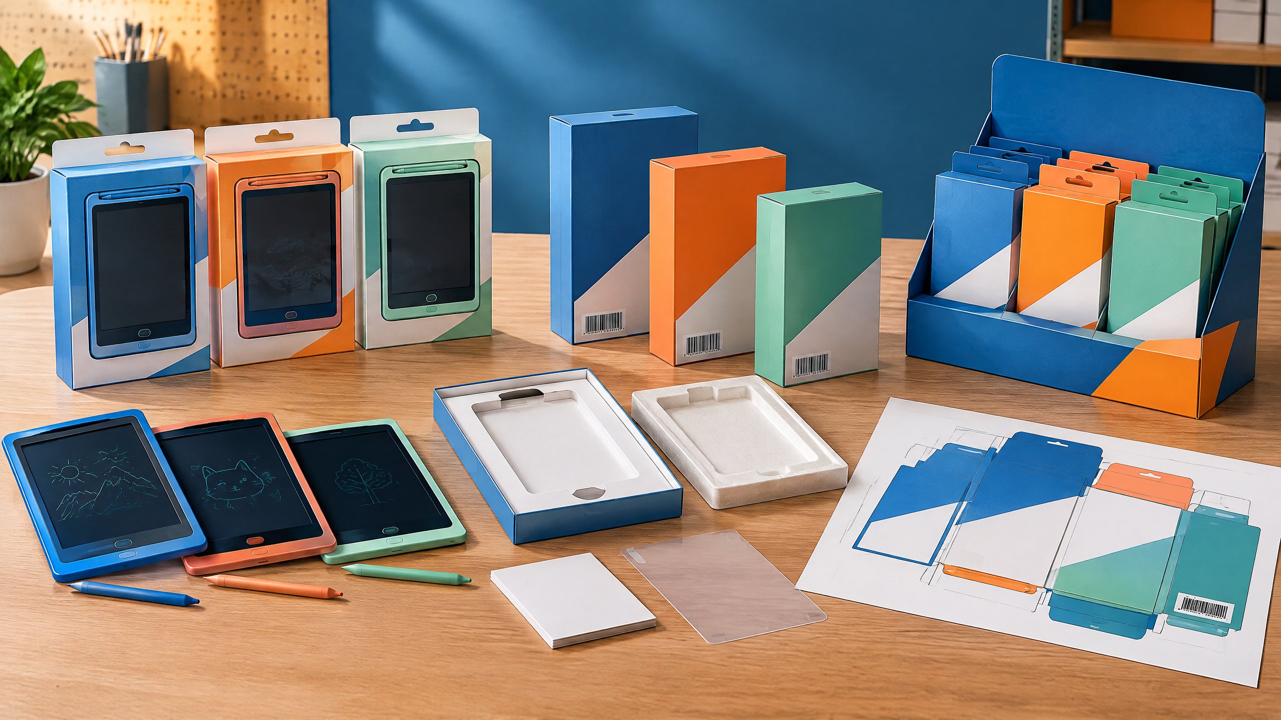 Retail-ready LCD writing tablet boxes, barcode areas, dielines and protective inserts arranged for an OEM packaging review.