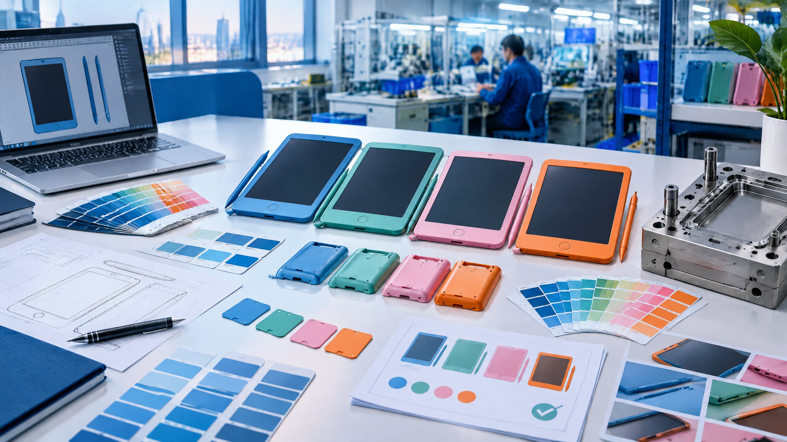 Custom-color LCD writing tablet housings, molded plastic chips, color references and logo approval samples on an OEM engineering desk.