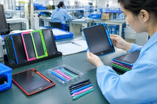 LCD writing tablets with securely retained styluses and replacement stylus samples on a factory quality-control desk.