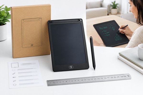 LCD writing tablet ecommerce product photography setup with measurement tools, packaging and specification materials.
