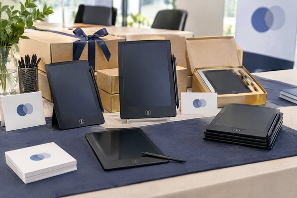 Colorful LCD writing tablets and neutral promotional gift boxes arranged for a corporate merchandise sourcing review.