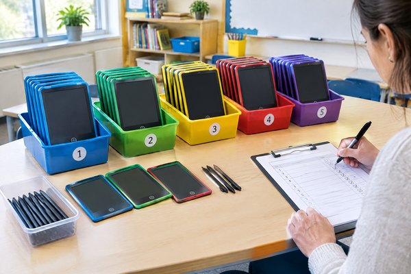 Organized classroom set of colorful LCD writing tablets with storage trays, retained styluses and an inventory checklist.