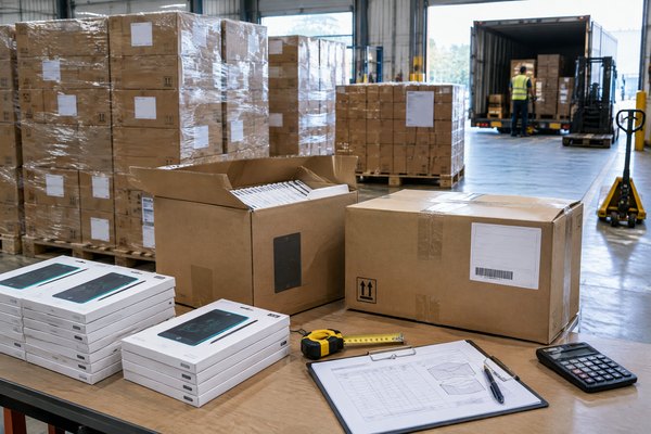 LCD writing tablet retail cartons and master cartons arranged for freight planning in a factory shipping area.