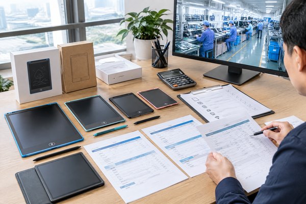 LCD writing tablet samples, quotation sheets, calculator and packaging mockups on a B2B sourcing desk.