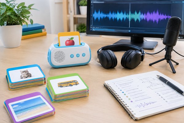 Talking flashcard learning device, vocabulary cards, microphone and audio production materials on a content studio desk.