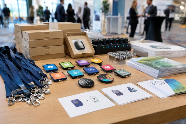 Smart electronic badges and LCD pins arranged with neutral event lanyards and attendee instruction materials at a conference table.