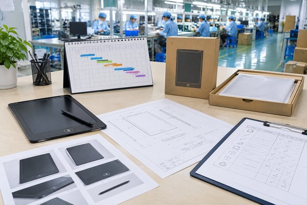LCD writing tablet OEM project timeline materials, product sample, packaging proof and quality checklist on a factory project desk.