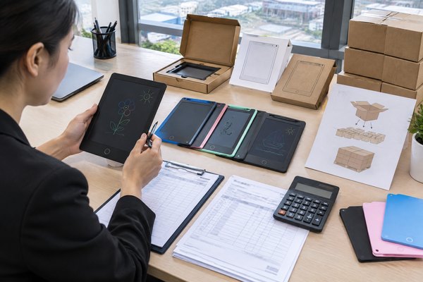 Buyer reviewing LCD writing tablet MOQ plans, carton counts, and product samples.
