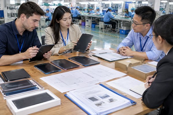Buyer reviewing LCD writing tablet samples, specifications and a supplier scorecard.