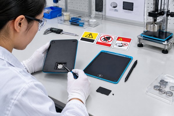 Technician checking a screw-secured coin-cell battery door on a children’s LCD writing tablet.