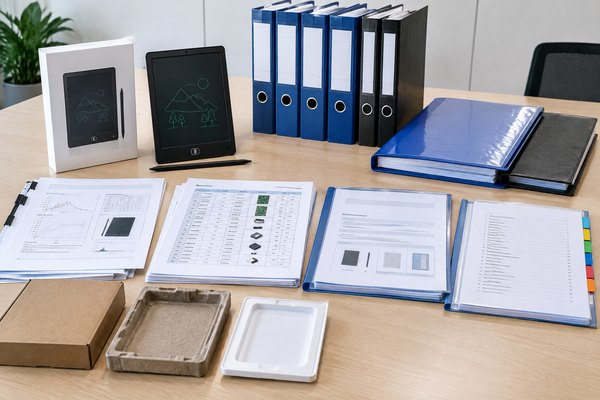 Compliance manager reviewing a labeled LCD writing tablet, test reports, bill of materials, and controlled technical-file index.