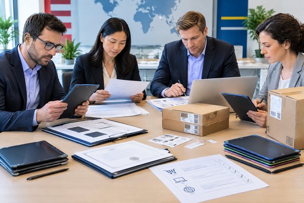 Procurement team reviewing LCD writing tablet compliance, traceability and market-entry records.
