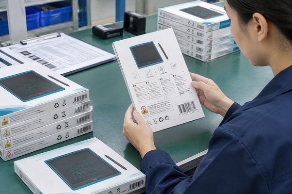 Procurement manager checking LCD writing tablet retail-packaging labels and barcode proof before mass production.