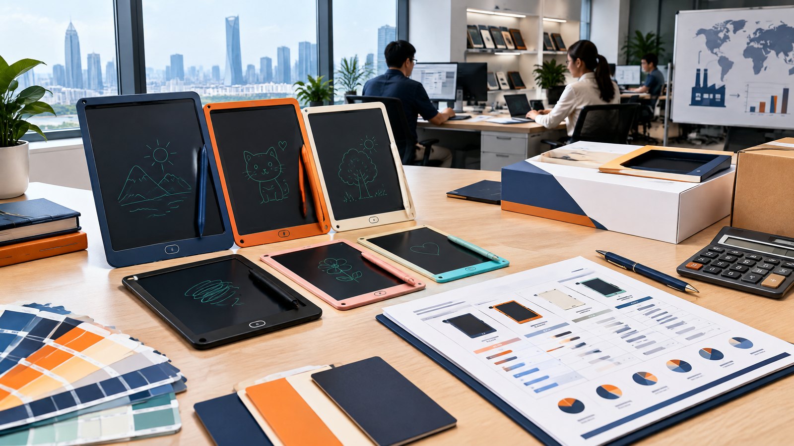 LCD writing tablet price guide cover showing tablets, quotation planning and packaging samples.