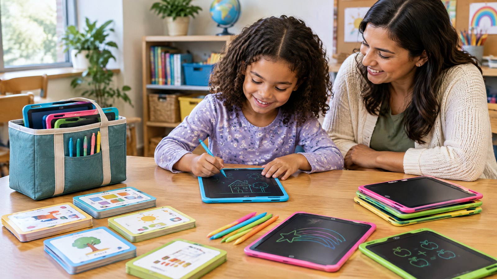 Homeschool and after-school LCD writing tablet learning kit with tablets and activity cards.