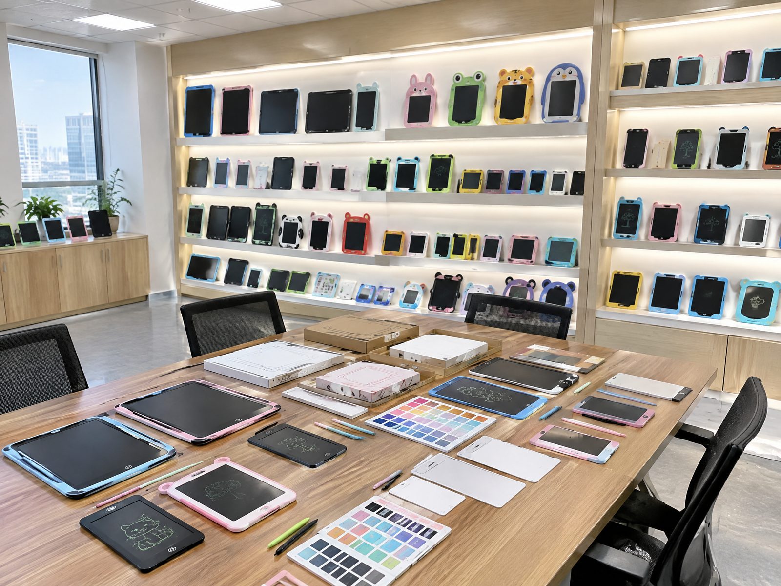LcdWritingTablet Shenzhen buyer sample showroom with LCD writing tablets, OEM color swatches, and packaging prototypes